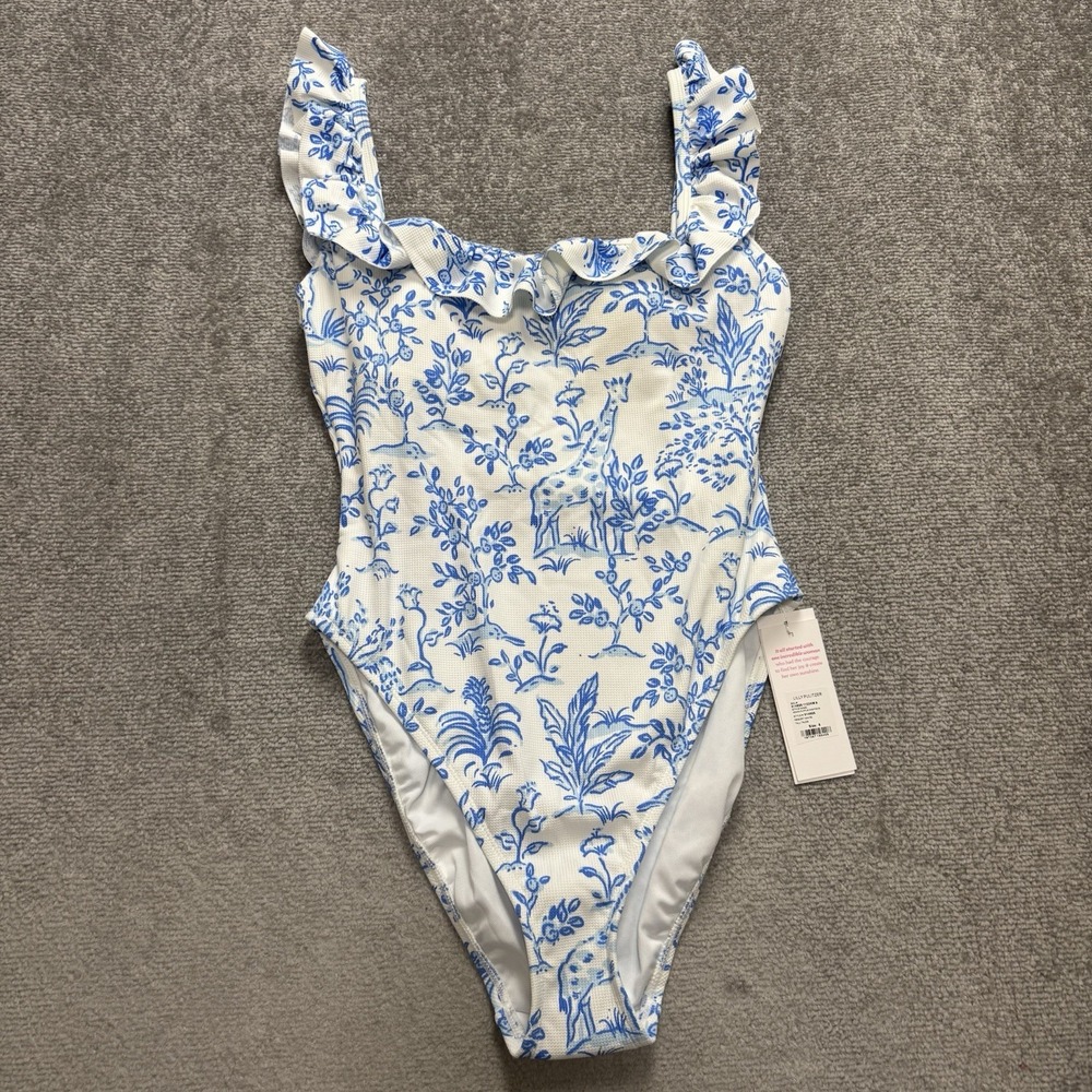 NWT Lilly Pulitzer Size 8 Aemma Ruffle Swim Suit White Blue Tall Tales Giraffe
